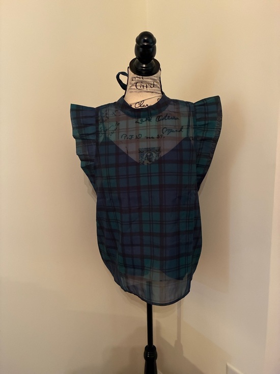 LOFT Tops - LOFT Sheer Plaid Ruffle Sleeve Top in Navy and Green